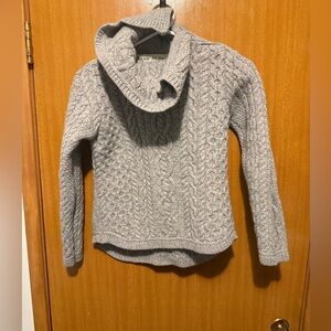 Aran Mòr Merino Wool Sweater
 Light Gray Cable Knit Cowl Neck Sweater